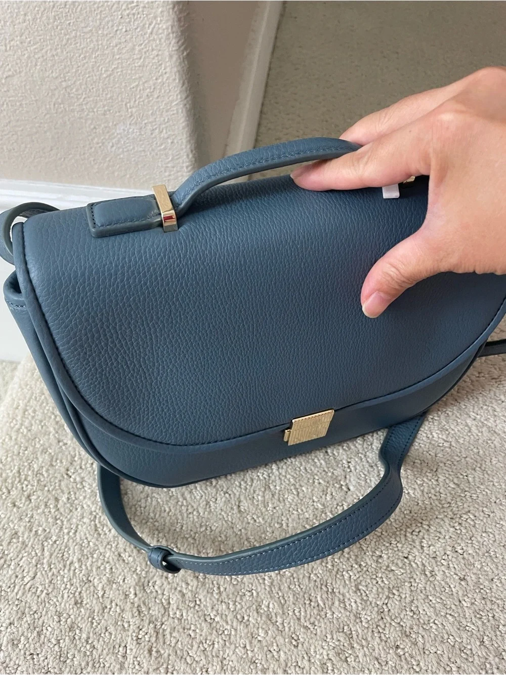 New Blue Leather Crossbody Saddle Bag with Gold Hardware (medium)
